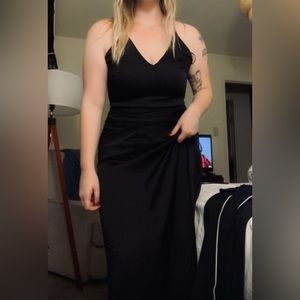 black satin maxi dress with silver straps